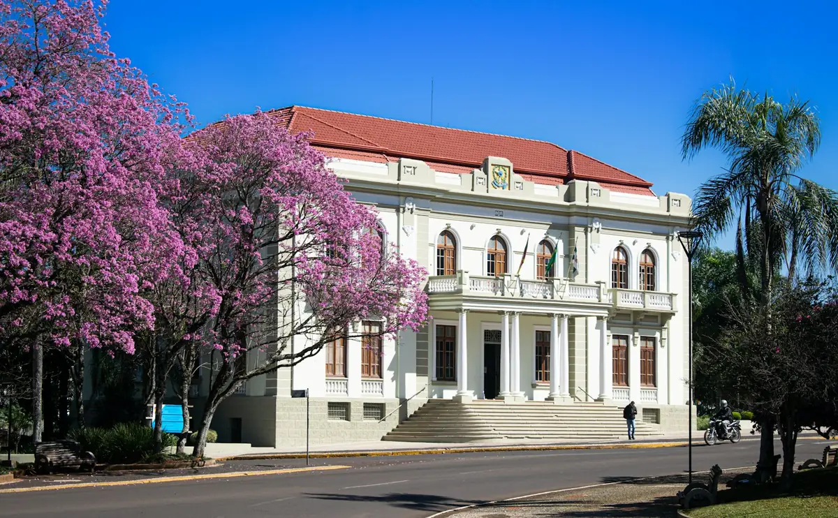 Civic building with flowering trees